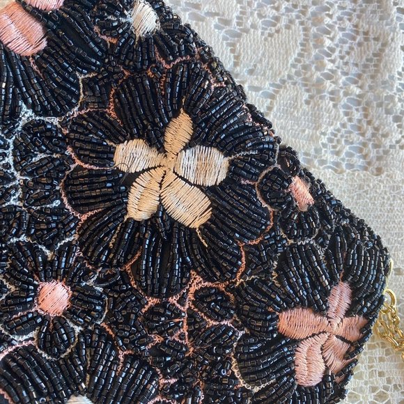 Vintage Black Beaded with Floral Pink and White Embroidery Purse w/ Chain Strap - Picture 6 of 7